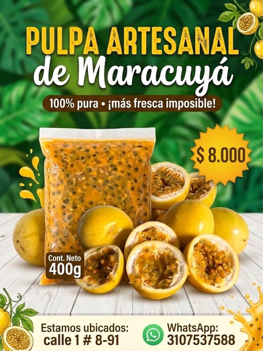 Presentación comercial de pulpa artesanal de maracuyá